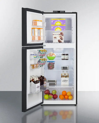 Open Summit BKRF1087BLHD 24" Wide Break Room Refrigerator-Freezer with various food items on a white background