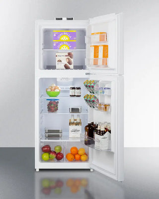 Open Summit BKRF1088W 24" Wide Break Room Refrigerator-Freezer with various food items inside on a gray background