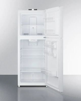 White Summit BKRF1088W 24" Wide Break Room Refrigerator-Freezer with open doors on a gray background