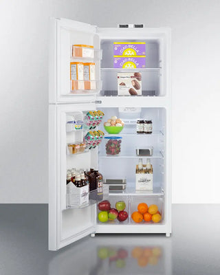 Open Summit BKRF1088WLHD 24" Wide Break Room Refrigerator-Freezer with various food items on a white background