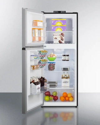 Open Summit BKRF1089PLLHD 24" Wide Break Room Refrigerator-Freezer with various food items on a gray background