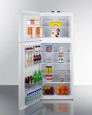 Open Summit BKRF151WLHD 28" Wide Top-Mount Refrigerator-Freezer with various food items and drinks on a white background
