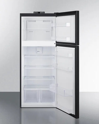 Two-door Summit BKRF152B 28" Wide Top-Mount Refrigerator-Freezer with black frame and clear glass panels on a white background