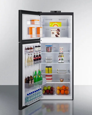 Open Summit BKRF152BLHD 28" Wide Top-Mount Refrigerator-Freezer with various food items on a white background