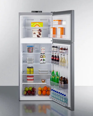 Open Summit BKRF15SS 28" Wide Top-Mount Refrigerator-Freezer with various food items and drinks on a white background
