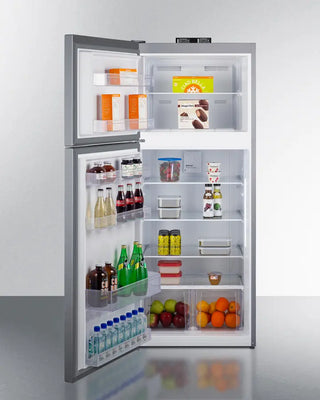 Open Summit BKRF15SSLHD 28" Wide Top-Mount Refrigerator-Freezer with various food items and drinks on a white background