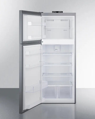 Empty Summit BKRF15SSLHD 28" Wide Top-Mount Refrigerator-Freezer with open doors on a white background