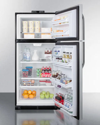 Open Summit BKRF18PL 30" Wide Break Room Refrigerator-Freezer with various food items and drinks on a white background