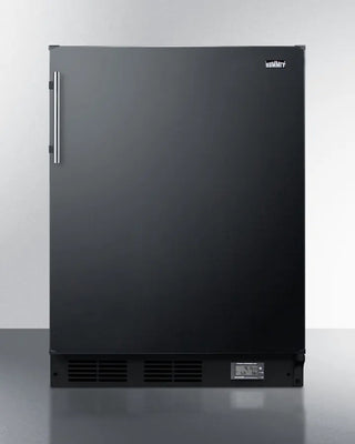 Black Summit BKRF663B 24" Wide Break Room Refrigerator-Freezer with stainless steel handle on a white background