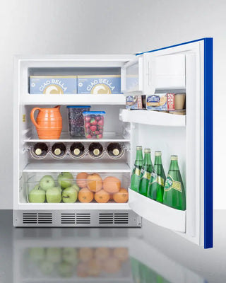 Open Summit BRF611WHB 24" Wide Refrigerator-Freezer with food items including bottles, fruits, and vegetables on a white background