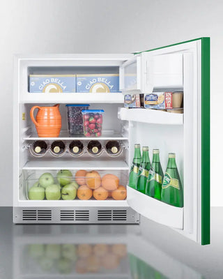 Open Summit BRF611WHGADA 24" Wide Refrigerator-Freezer with food items including bottles, fruits, and vegetables on a white background