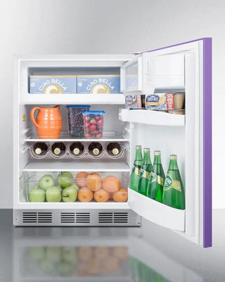 Open Summit BRF611WHP 24" Wide Refrigerator-Freezer with food items including bottles, fruits, and vegetables on a white background