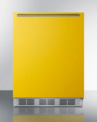 Yellow Summit BRF611WHY 24" Wide Refrigerator-Freezer with stainless steel base and top on a white background