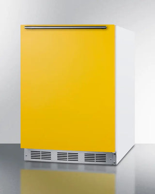 Yellow Summit BRF611WHYADA 24" Wide Refrigerator-Freezer with a white freezer compartment on a gray background