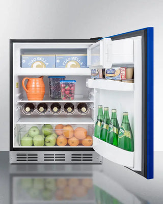 Open Summit BRF631BKBADA 24" Wide Refrigerator-Freezer with food items including bottles, fruits, and vegetables on a white background
