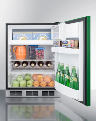 Open Summit BRF631BKG 24" Wide Refrigerator-Freezer with food items including bottles, fruits, and vegetables on a white background