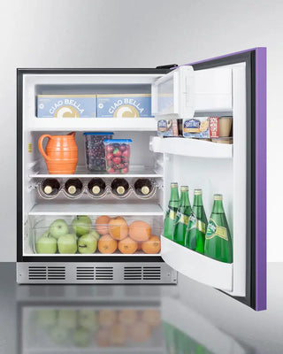 Open Summit BRF631BKPADA 24" Wide Refrigerator-Freezer with food items including bottles, fruits, and vegetables on a white background
