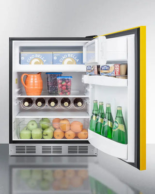 Open Summit BRF631BKY 24" Wide Refrigerator-Freezer with food items on a white background