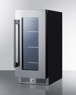 Summit CL156BV1 15" Wide Built-In Beverage Center with glass door and silver handle on a white background