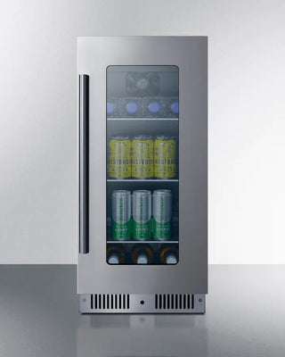 Summit CL156BV1CSS 15" Wide Built-In Beverage Center with glass door displaying drinks on a white background