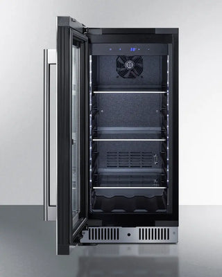 Summit CL156BV1LHD 15" Wide Built-In Beverage Center with open door on a gray background