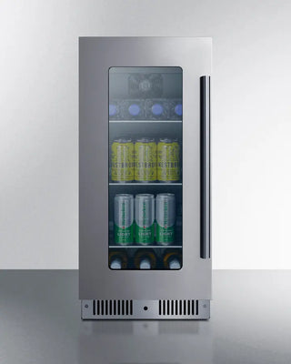 Summit CL156BV1LHD 15" Wide Built-In Beverage Center with glass door displaying cans on a white background
