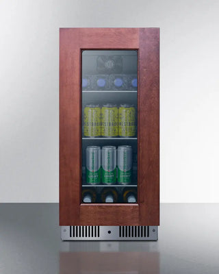 Summit CL156BV1PNR 15" Wide Built-In Beverage Center with wooden front and glass door displaying green cans.