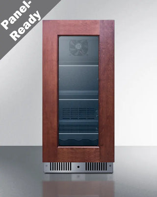 Summit CL156BV1PNR 15" Wide Built-In Beverage Center with wooden frame and glass door on a gray background