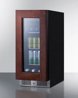 Summit CL156BV1PNRLHD 15" Wide Built-In Beverage Center with glass door displaying drinks on a white background