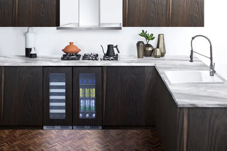 Modern kitchen with dark wood cabinets, white countertops, and Summit CL156BV1PNRLHD 15" Wide Built-In Beverage Centers.