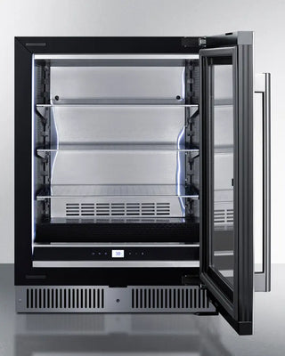 Summit CL24BV1 24" Wide Built-In Beverage Center with black frame and stainless steel interior, on a white background.