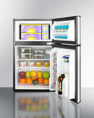 Summit CP34BSSADA 19" Wide 2-Door Refrigerator-Freezer with open doors displaying food items on a reflective surface.