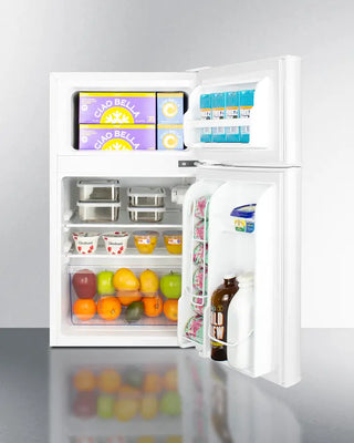 Summit CP34W 19" Wide 2-Door Refrigerator-Freezer with open doors displaying food items on a white background