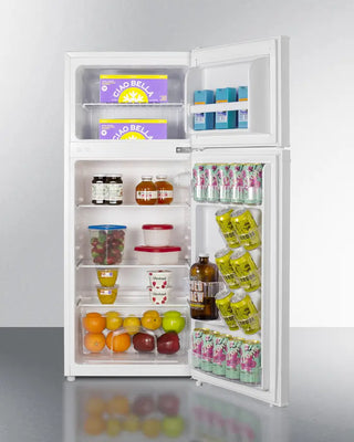 White Summit CP72W 19" Wide Refrigerator-Freezer with open doors displaying various food items on a gray background