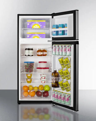 Open Summit CP73PL 19" Wide Refrigerator-Freezer with various food items and drinks on a white background