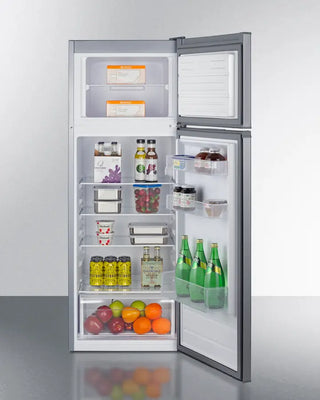 Open Summit CP978PL 22" Wide Top-Mount Refrigerator-Freezer with various food items on a white background