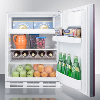 Open Summit CT661WIF 24" Wide Refrigerator-Freezer with food items including bottles, fruits, and vegetables.