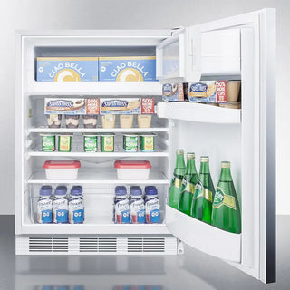 Open Summit CT661WSSHHADA 24" Wide Refrigerator-Freezer door filled with various food items and drinks.