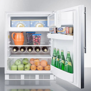 Open Summit CT661WSSHV 24" Wide Refrigerator-Freezer with various items including bottles, fruits, and containers.