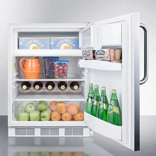 Open Summit CT661WSSTB 24" Wide Refrigerator-Freezer with various food items and drinks inside