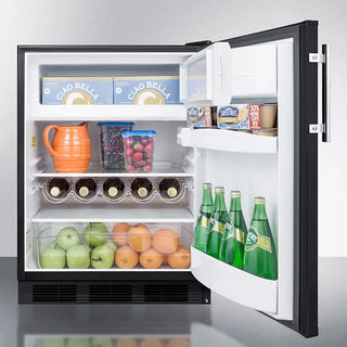 Open Summit CT663BKADA 24" Wide Refrigerator-Freezer with food items including bottles, fruits, and vegetables on a white background