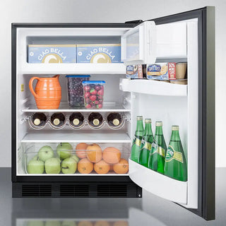 Open Summit CT663BKBIKSHHADA 24" Wide Built-In Refrigerator-Freezer displaying various food items and drinks.