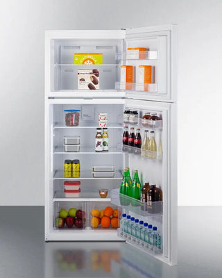 Open Summit CTR151WLLF2 28" Wide Top-Mount Refrigerator-Freezer with various food items and drinks on a white background