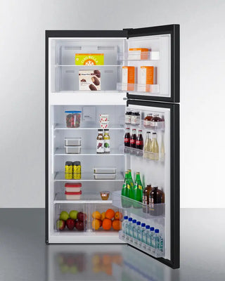 Open Summit CTR152B 28" Wide Top-Mount Refrigerator-Freezer with various food items and drinks on a white background