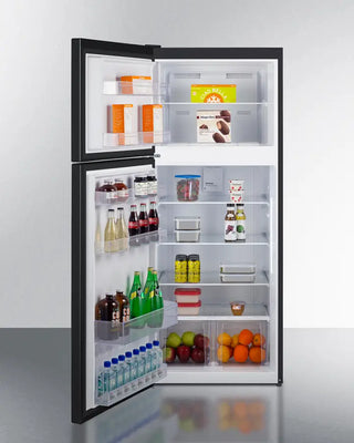 Open Summit CTR152BLHD 28" Wide Top-Mount Refrigerator-Freezer with various food items and drinks on a white background
