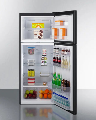 Open Summit CTR152BLLF2 28" Wide Top-Mount Refrigerator-Freezer with various food items and drinks on a white background