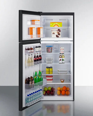 Open Summit CTR152BLLF2LHD 28" Wide Top-Mount Refrigerator-Freezer with various food items on a white background