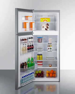 Open Summit CTR15SSLHD 28" Wide Top-Mount Refrigerator-Freezer with various food items on a white background