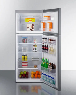 Open Summit CTR15SSLLF2 28" Wide Top-Mount Refrigerator-Freezer with various food items on a white background
