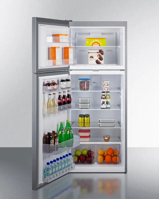 Open Summit CTR15SSLLF2LHD 28" Wide Top-Mount Refrigerator-Freezer with various food items and drinks on a white background